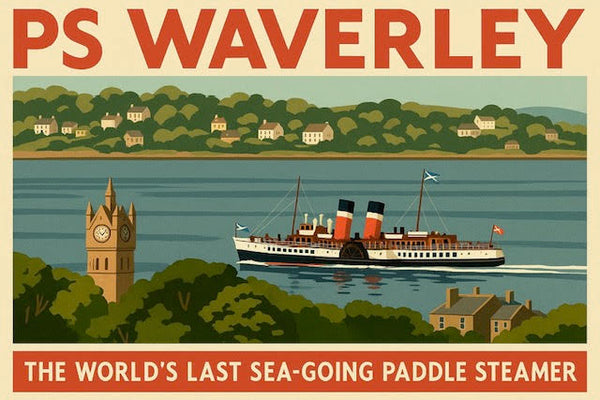 a vintage style image of the PS Waverley passing the firth of Clyde at Gourock with St Johns church tower