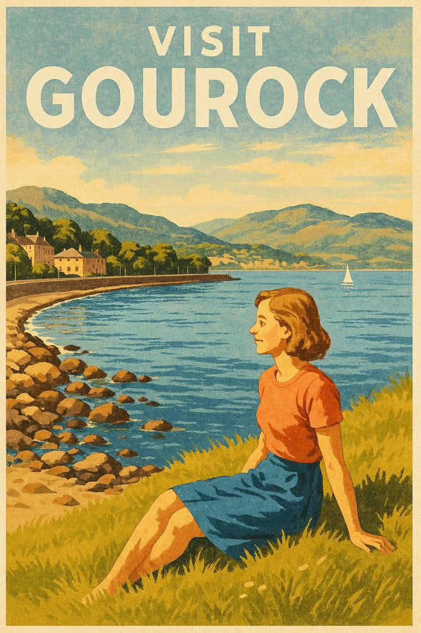 a vintage style art pint showing  woman enjoying the view of the river clyde from Cove rd 