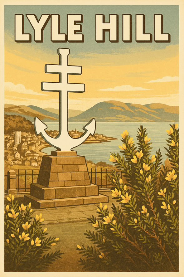 Vintage Rail Poster Style Art Print of Lyle Hill, Greenock by bob dolan showing the cross of lorraine 