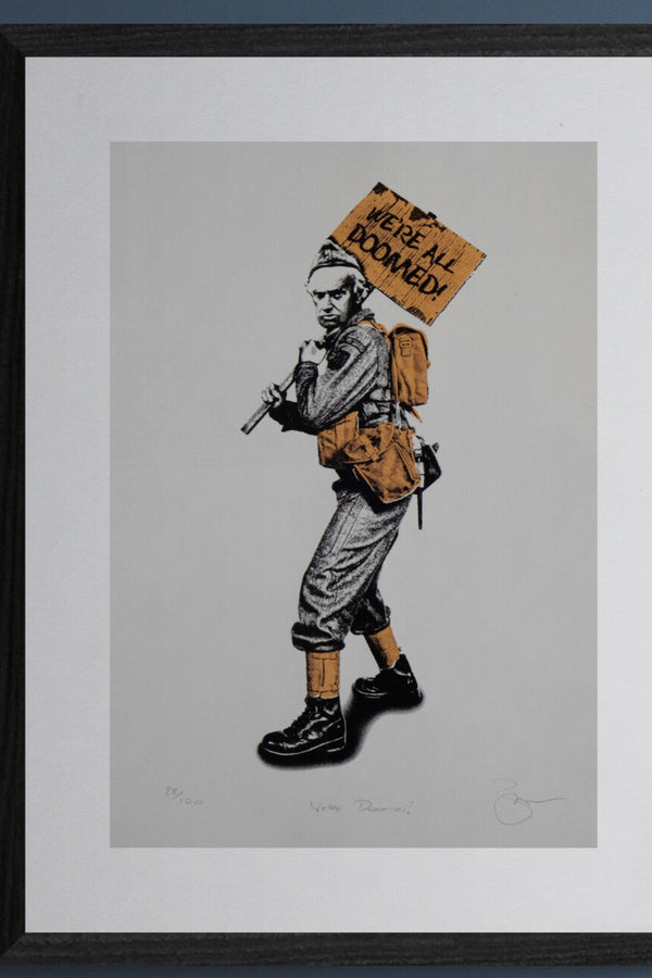 Featuring Private Fraser from iconic British comedy classic Dads Army holding a placard with one of his catchphrases, "We're doomed!"