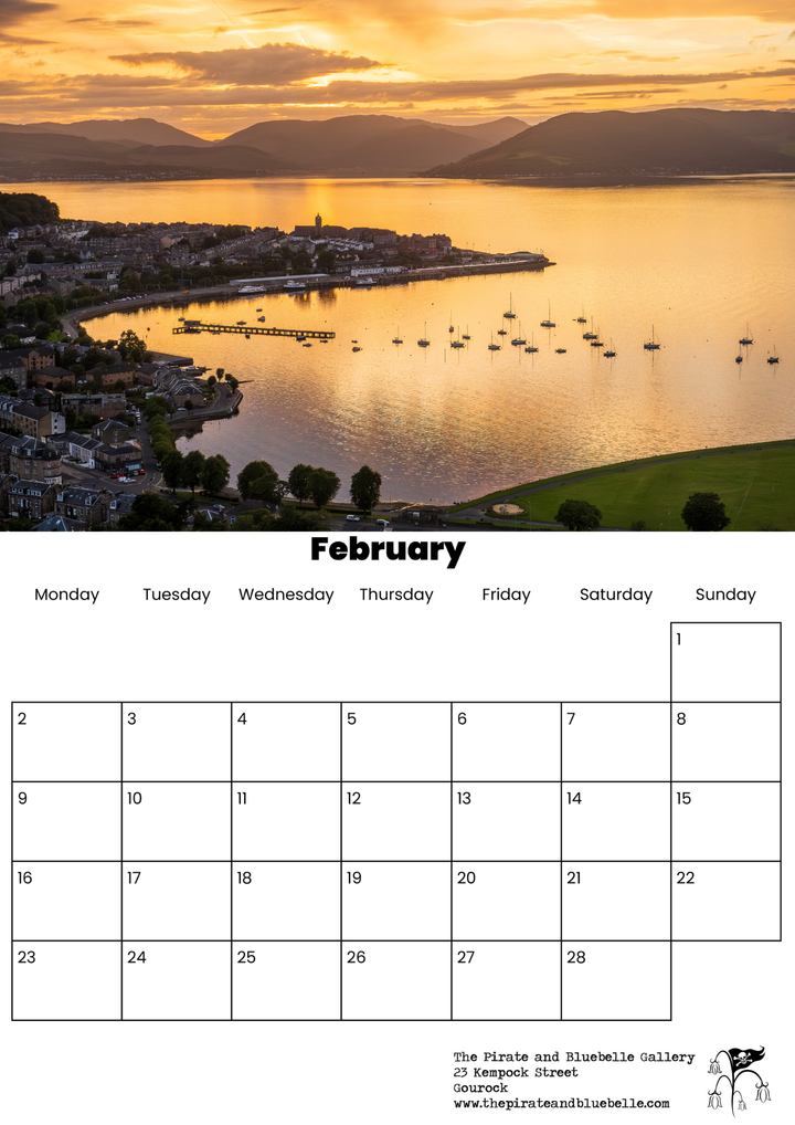 Calendar for February with a scenic sunset over gourock and argyle.