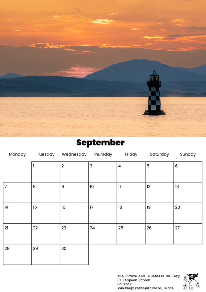 Calendar for September with aport glasgow lighthouse and sunset background