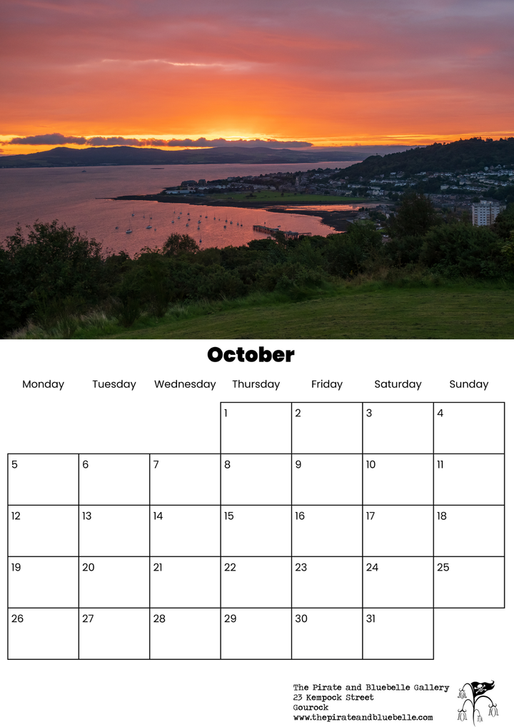 Calendar for October with a sunset over water and mountains the battery park and the rbackgroundver clyde 