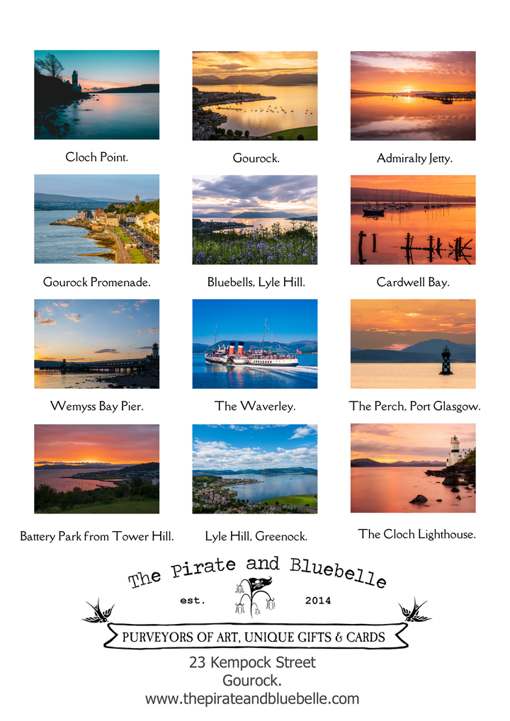 Collection of scenic images with a promotional text for 'The Pirate and Bluebelle' at the bottom.