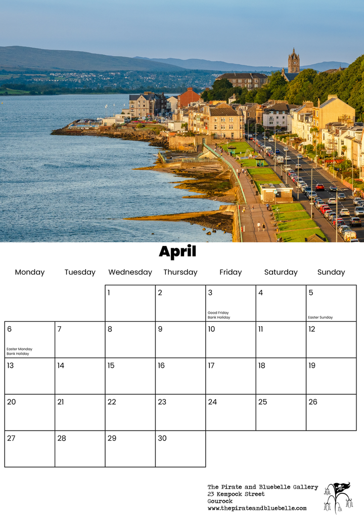 Calendar page for April with a scenic coastal town view of gourock scotland 