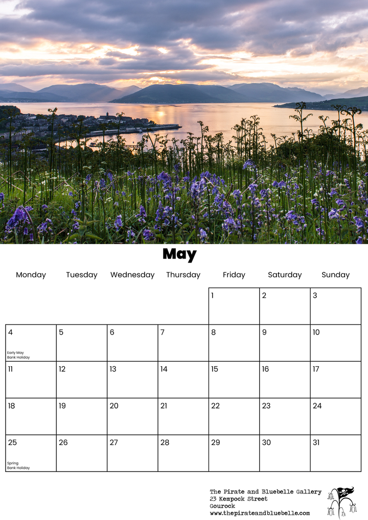 Calendar for May with a scenic view of a bluebells and the river clyde and gourock