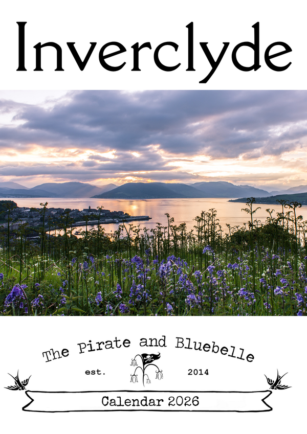 Calendar cover with Inverclyde landscape, flowers, and branding text.