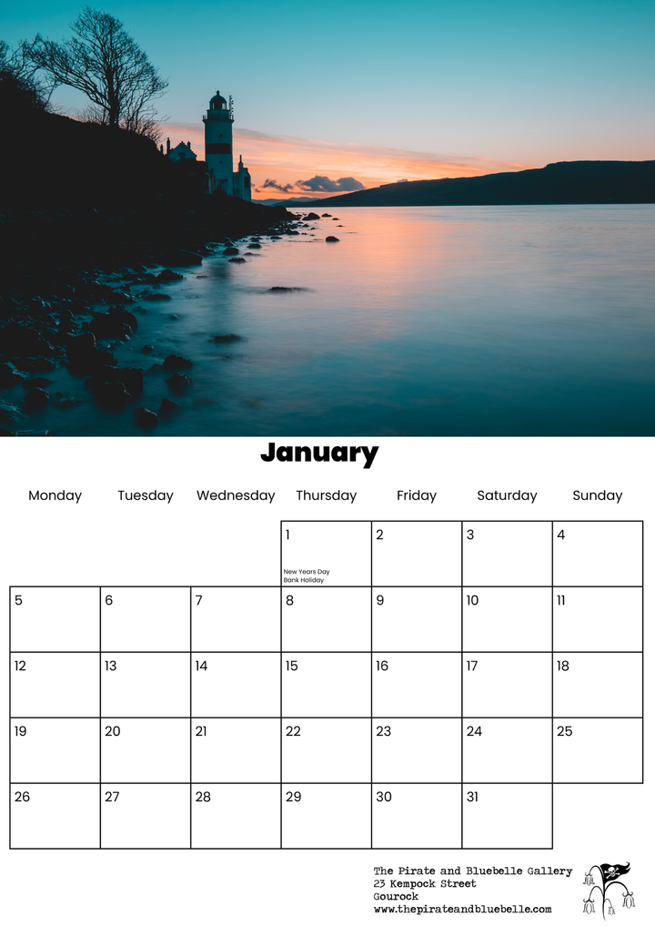 Calendar for January with acloch
lighthouse and sunset over water on the cover