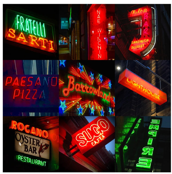 Collage of various neon signs from different glasgow restaurants at night.