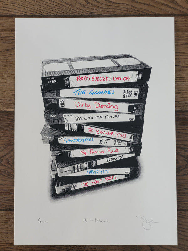 Illustration of VHS tapes with titles on a white background screen print 