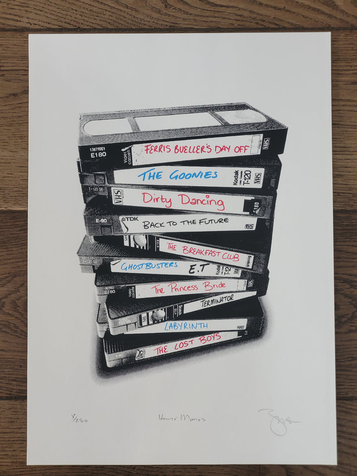 Illustration of VHS tapes with titles on a white background screen print 
