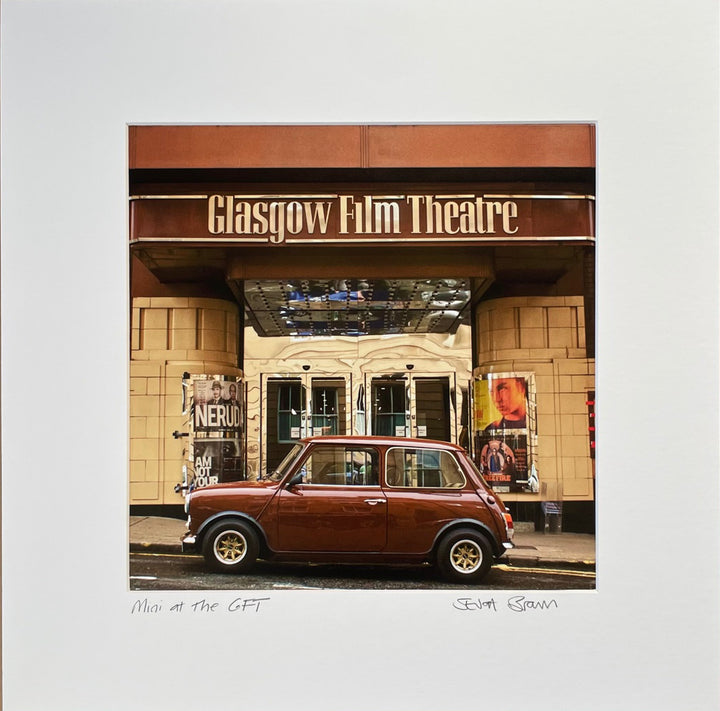 a classic mini parked outside the glasgow film theatre 