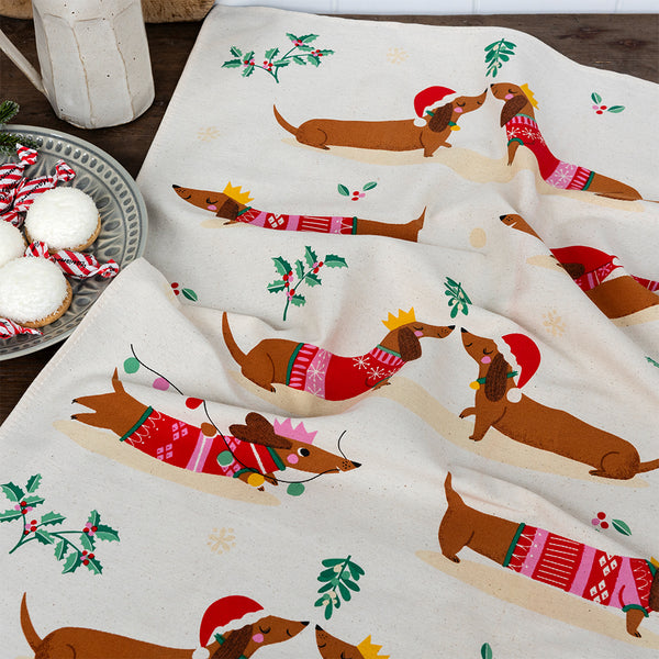 printed christmas cotton tea towel with sausage dogs