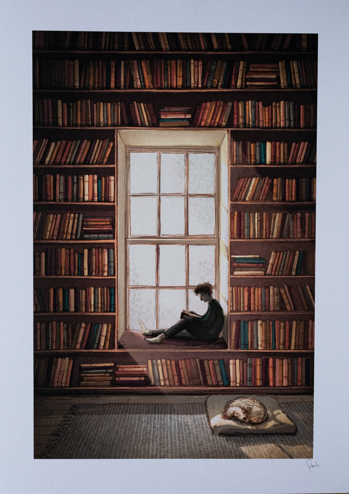 A coloured image depicting a person sittiing on a window seat surrunded by books with a dog curled up sleeping from an original by David Fleck