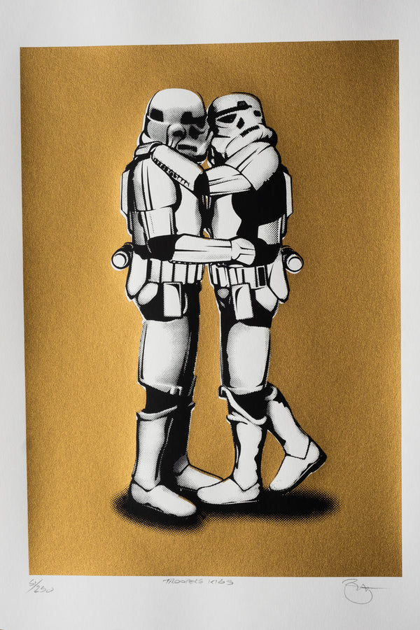screen print two stormtroopers share a loving embrace 