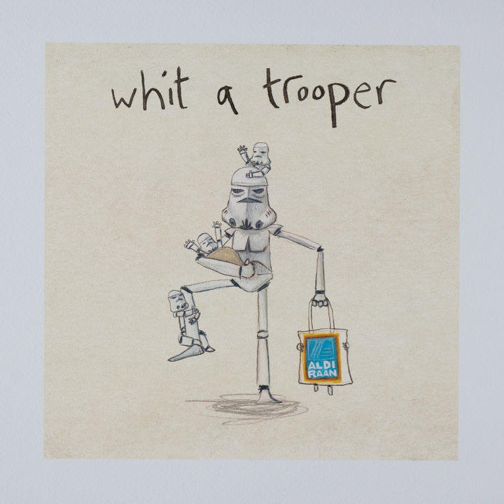 Clourful illustration of a stormtrooper with his aldi bags of shopping and kids 
