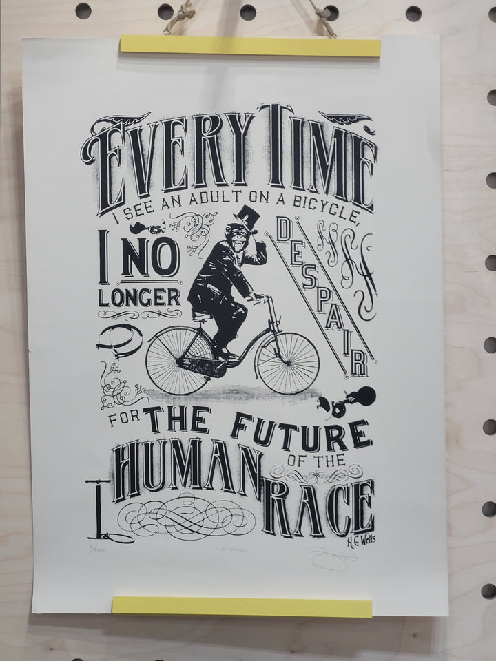H.G. Wells — 'Every time I see an adult on a bicycle, I no longer despair for the future of the human race.' showing a chimpanzee riding a bike and doffing his cap 