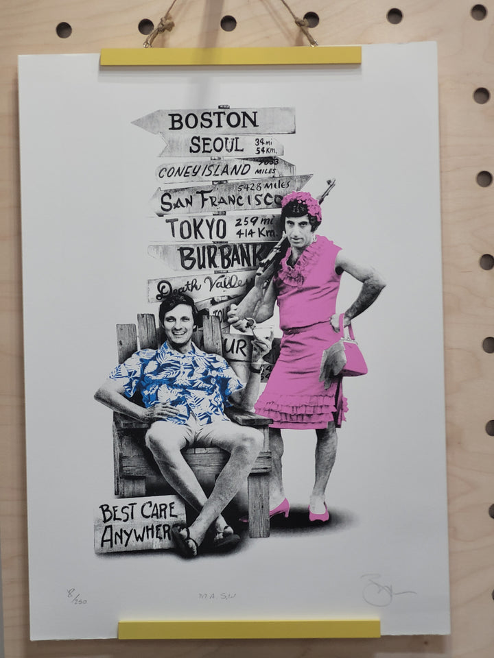 screen print of the famous tv show MASH featuring Hawkeye and Klinger